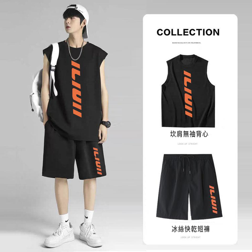 【單件/套裝】印花字母運動無袖百搭背心+帥氣五分短褲褲裝兩件套套裝