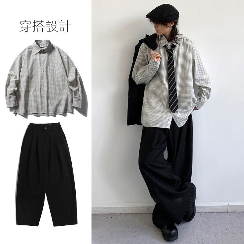 【單件/套裝】日系復古V領針織背心坎肩+條紋襯衫+百搭休閒褲三件套