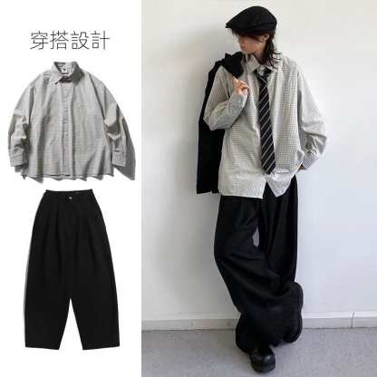 【單件/套裝】日系復古V領針織背心坎肩+條紋襯衫+百搭休閒褲三件套
