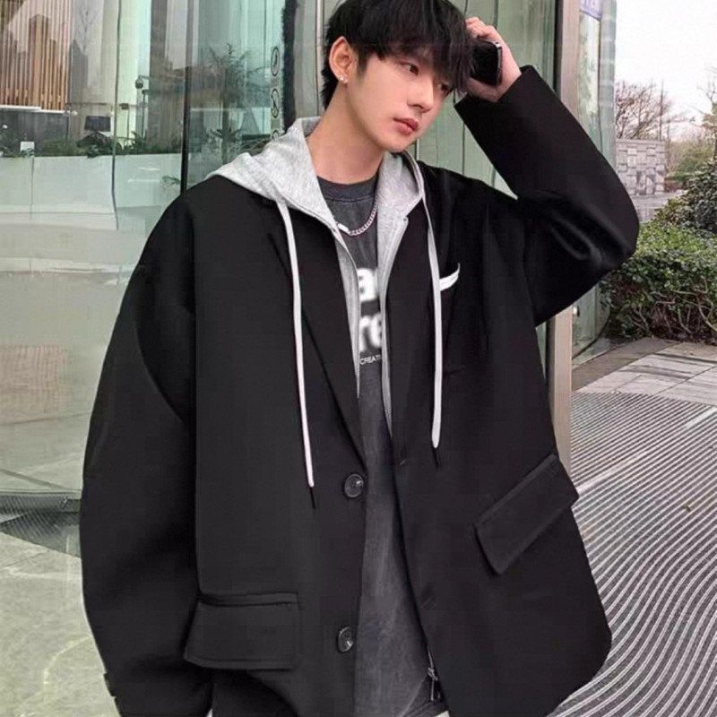 假兩件連帽港風寬鬆休閒高級帥氣西裝外套