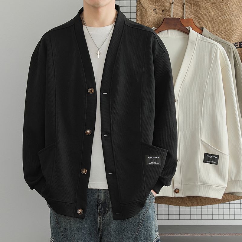 潮流素色簡約寬鬆休閒V領開衫外套