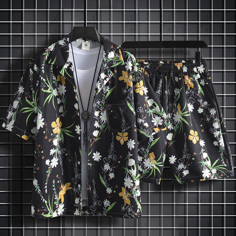 冰絲短褲一整套男夏季薄款寬鬆短袖碎花襯衫夏威夷情侶沙灘服套裝