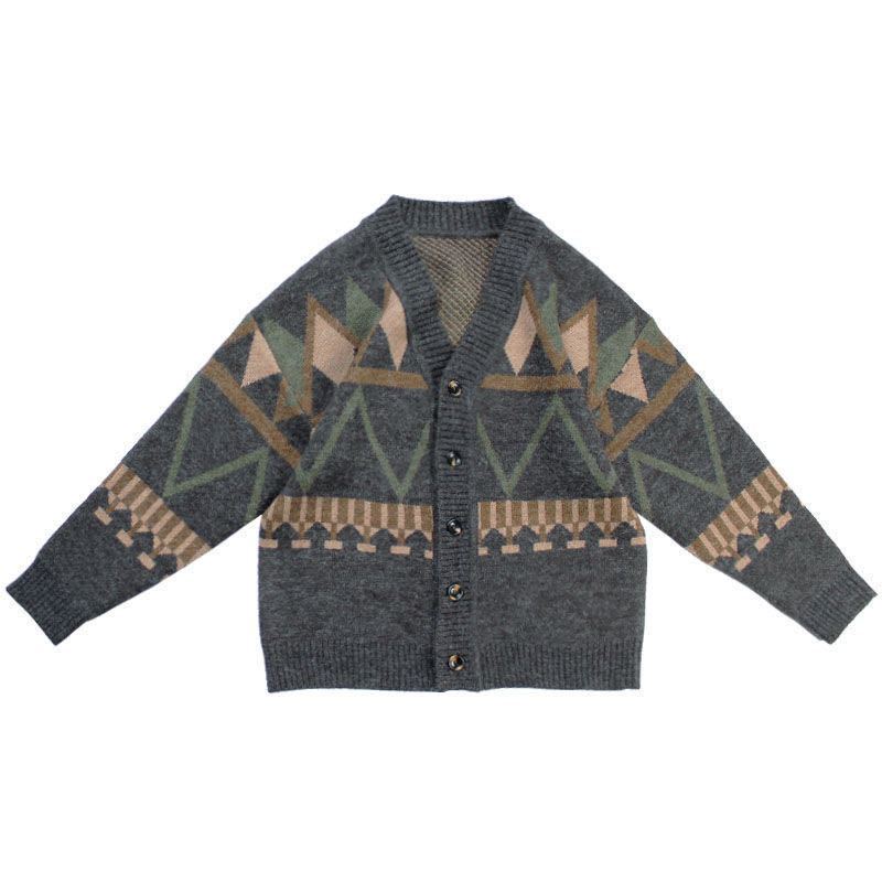 復古日系V領菱形撞色提花線針織開衫