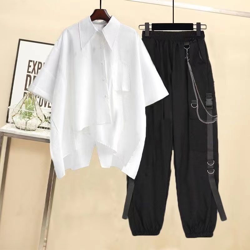【整套/單件】韓版寬鬆設計感拼接襯衫 帥氣工裝褲兩件套裝