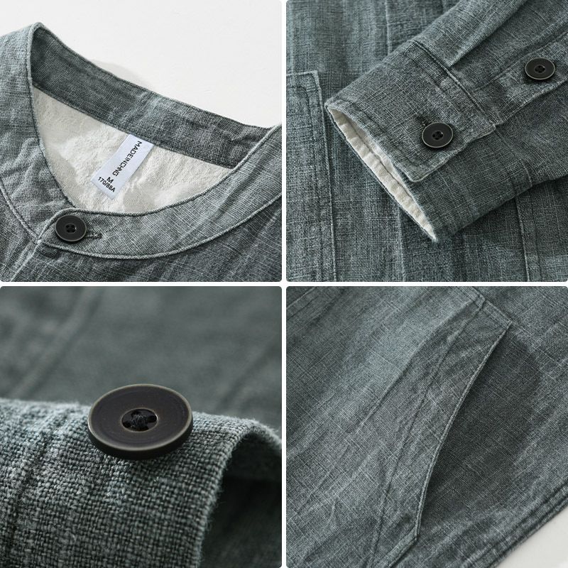 日系復古休閒寬鬆立領時尚漸變色苧麻外套