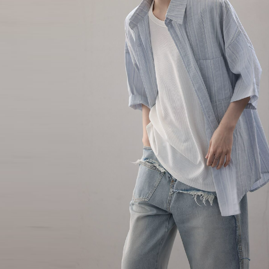 慵懶風輕薄飄逸氧氣感短袖襯衫男女日系廓形寬鬆肌理感夏季襯衣潮