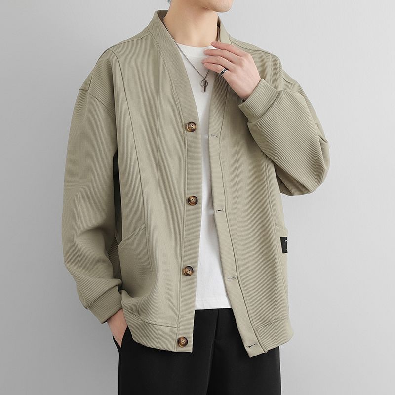 潮流素色簡約寬鬆休閒V領開衫外套