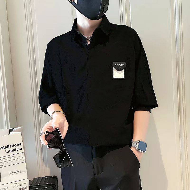 潮流時尚休閒寬鬆痞帥冰絲五分短袖襯衫