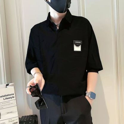 潮流時尚休閒寬鬆痞帥冰絲五分短袖襯衫