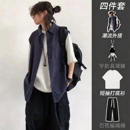 【單件/套裝】日系街頭假兩件工裝襯衫+短袖打底衫+項鏈+百搭休閑褲四件套