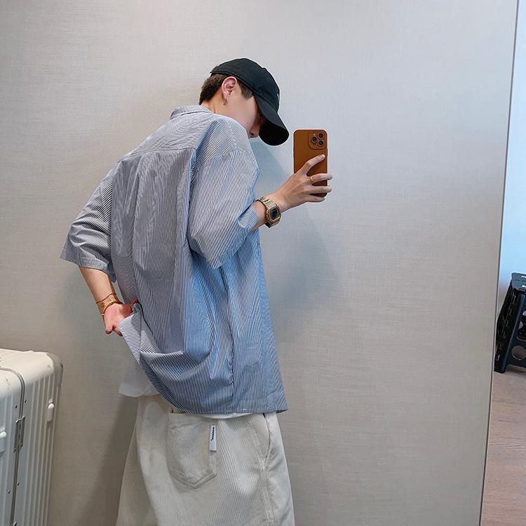 大碼百搭寬鬆情侶豎條紋薄款短袖襯衫