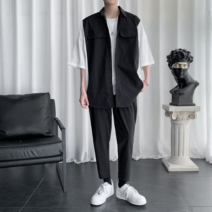 【三件套】ins港風夏季短袖套裝男韓版潮流一套帥氣學生休閒運動服