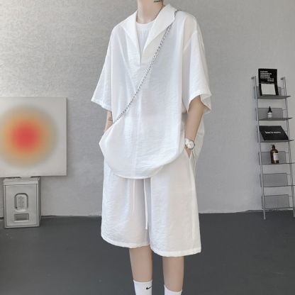 【整套】亞麻假兩件薄款透氣老錢風短袖T恤短褲套裝