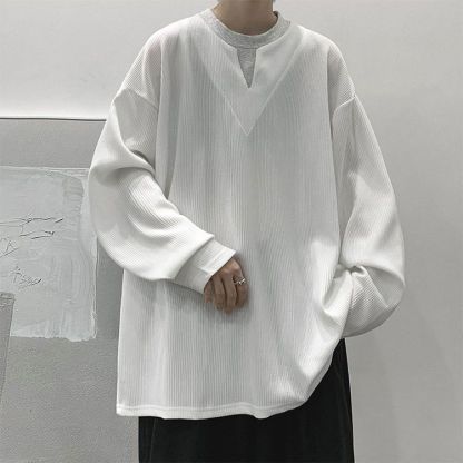 垂墜感潮流休閒假兩件港風日系長袖T恤