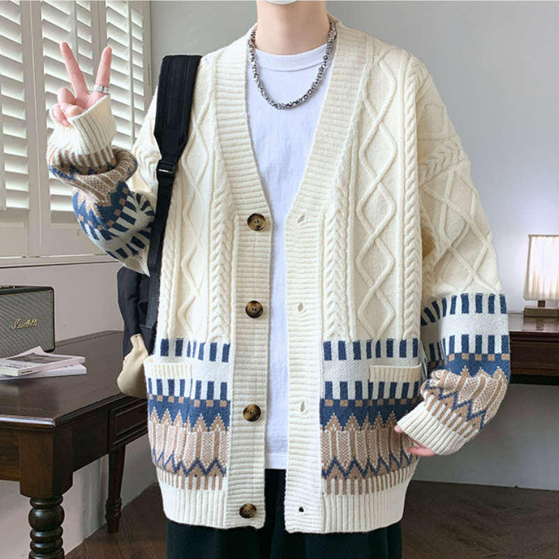 美式寬鬆麻花毛衣外套V領慵懶風情侶針織開衫