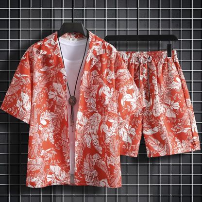 冰絲短褲一整套男夏季薄款寬鬆短袖碎花襯衫夏威夷情侶沙灘服套裝