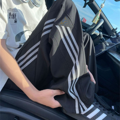 美式三條紋運動薄款潮牌寬鬆休閒直筒闊腿褲