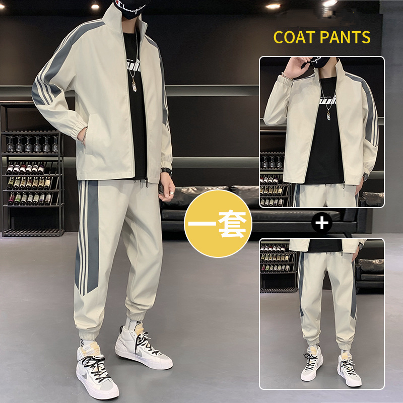 【套裝】運動潮流撞色長袖夾克+休閒束腳工裝褲裝套裝