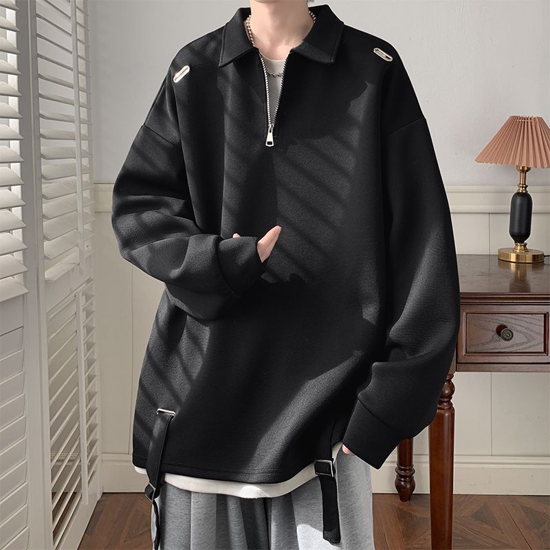 【單件/套裝】日系polo領設計感半拉鏈翻領上衣+長袖T恤+百搭休閑褲三件套