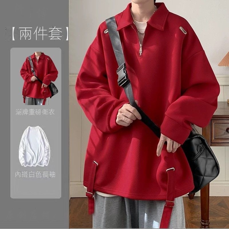 【單件/套裝】日系polo領設計感半拉鏈翻領上衣+長袖T恤+百搭休閑褲三件套