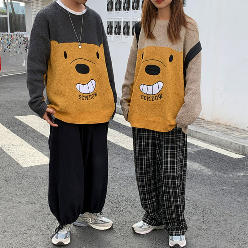 春秋韓版潮流情侶裝長袖休閒小熊針織毛衣