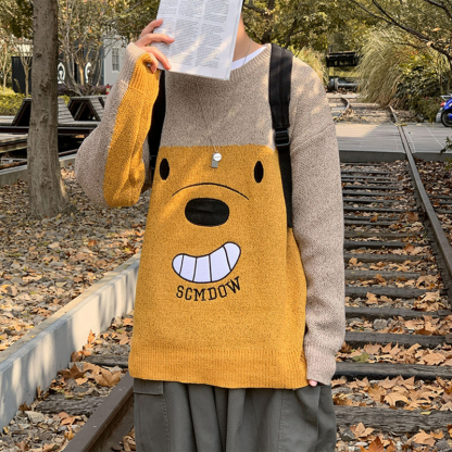 春秋韓版潮流情侶裝長袖休閒小熊針織毛衣