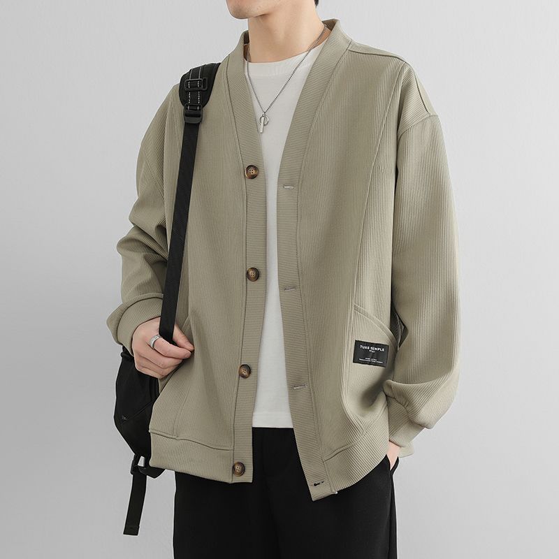 潮流素色簡約寬鬆休閒V領開衫外套