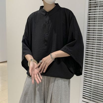 新中式寬鬆顯瘦百搭冰絲五分袖蝙蝠襯衫