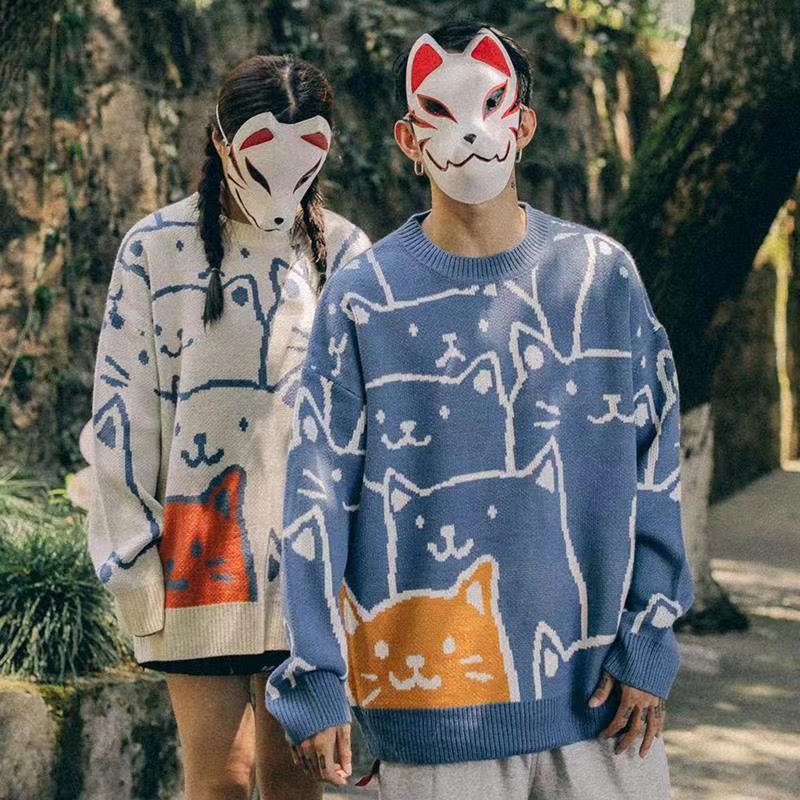 小貓可愛復古慵懶風圓領長袖針織衫