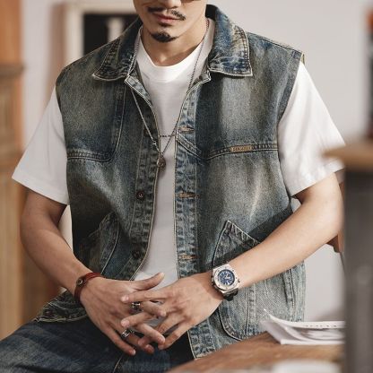 美式復古懷舊寬鬆潮流工裝大口袋牛仔馬甲