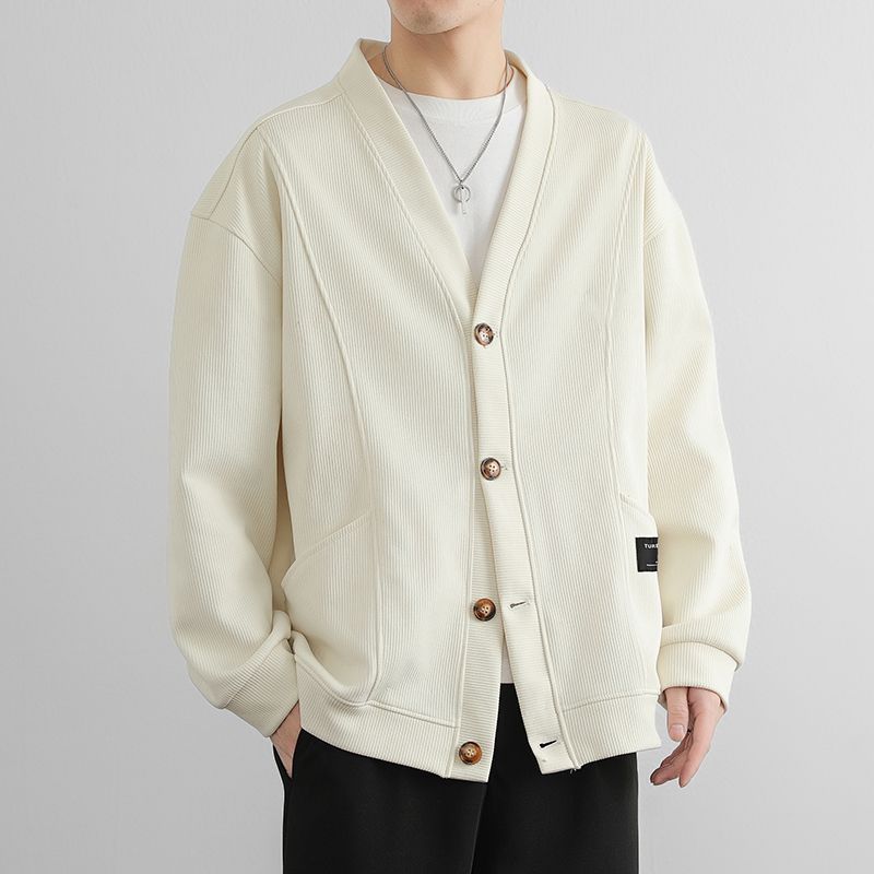 潮流素色簡約寬鬆休閒V領開衫外套