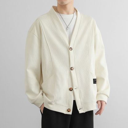 潮流素色簡約寬鬆休閒V領開衫外套