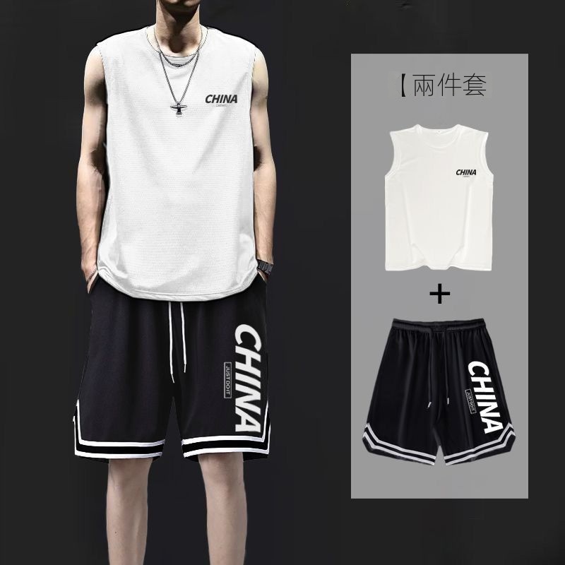 【整套】冰絲速幹寬松透氣鏤空背心+運動休閑短褲兩件套