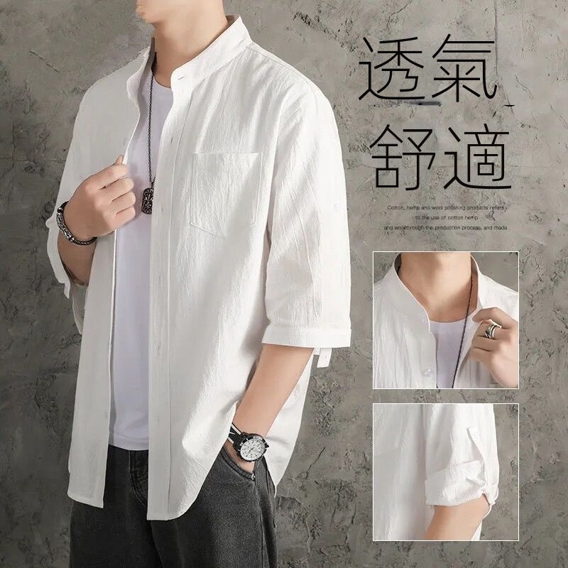 亞麻純色寬鬆國風棉麻休閒七分袖襯衣