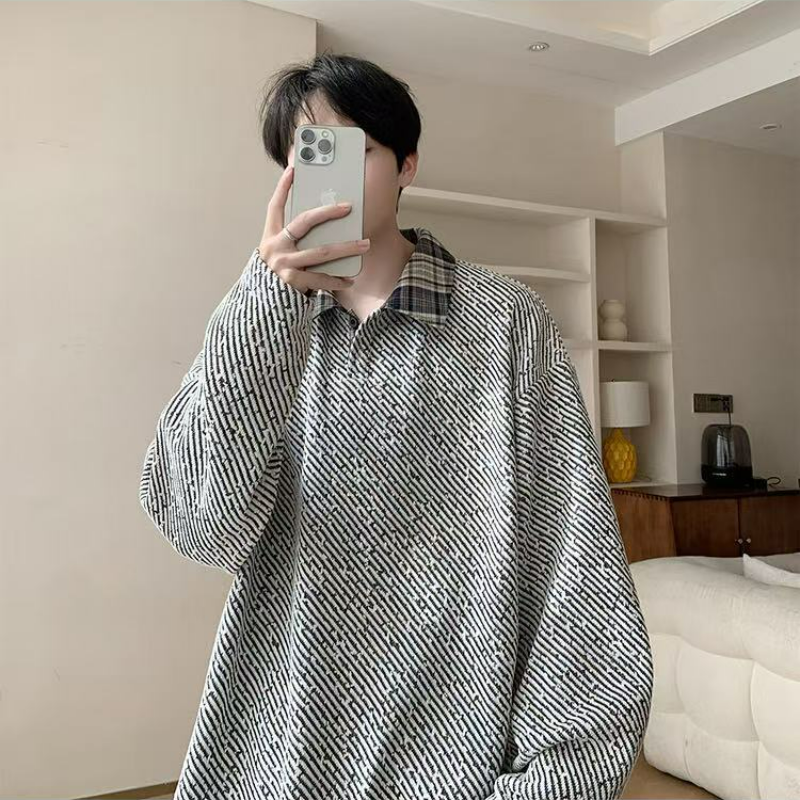 假兩件針織polo打底衫寬鬆大碼長袖t恤