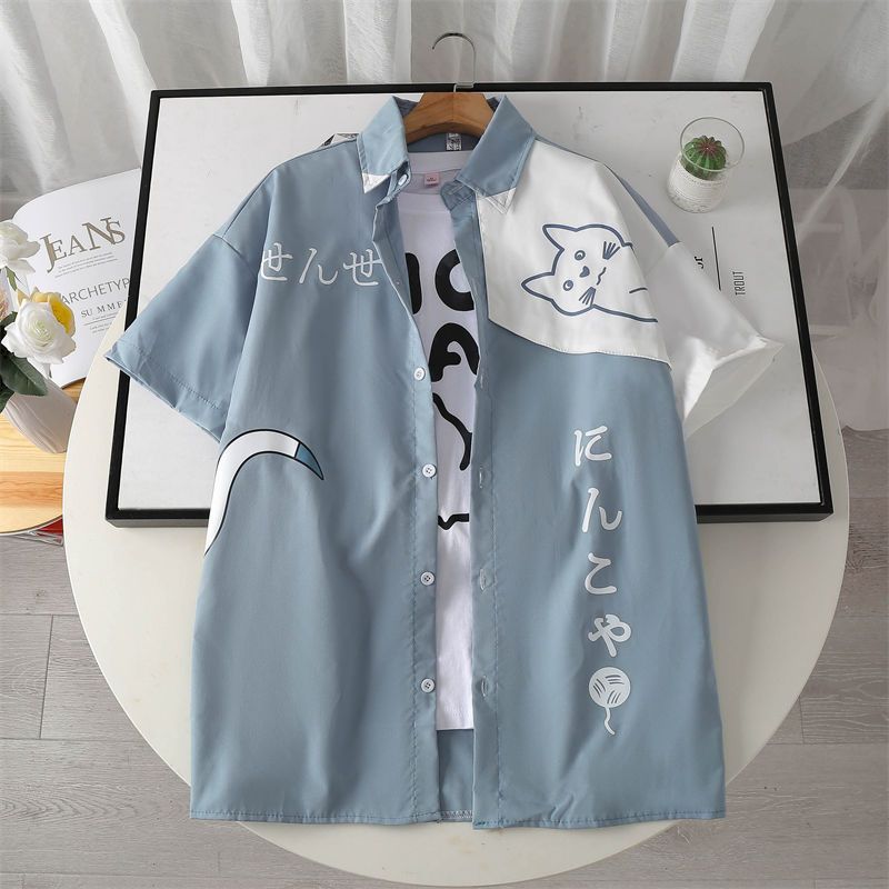 貓咪ins潮流日系印花短袖襯衫-Nuostyle