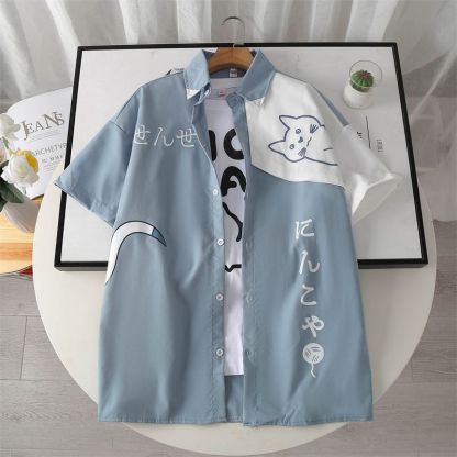 貓咪ins潮流日系印花短袖襯衫