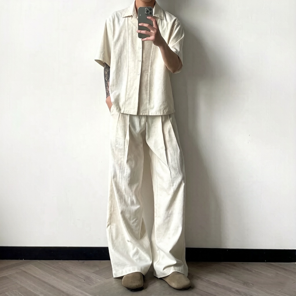 亞麻雙領老錢風手縫線設計感短袖襯衫