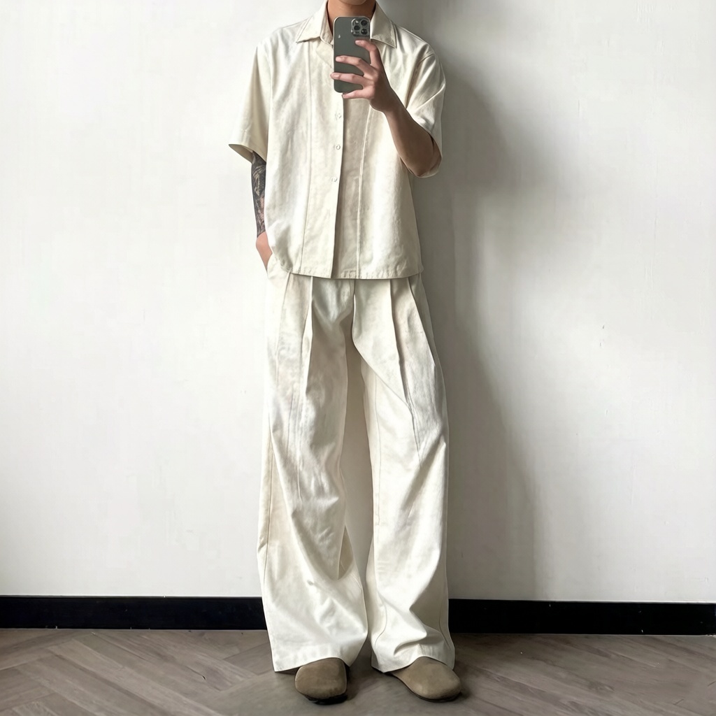 亞麻雙領老錢風手縫線設計感短袖襯衫