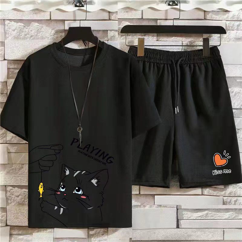 【套裝】休閒運動夏季新款修身韓版t恤潮牌短袖短褲