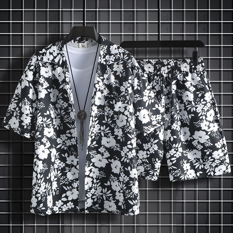 冰絲短褲一整套男夏季薄款寬鬆短袖碎花襯衫夏威夷情侶沙灘服套裝