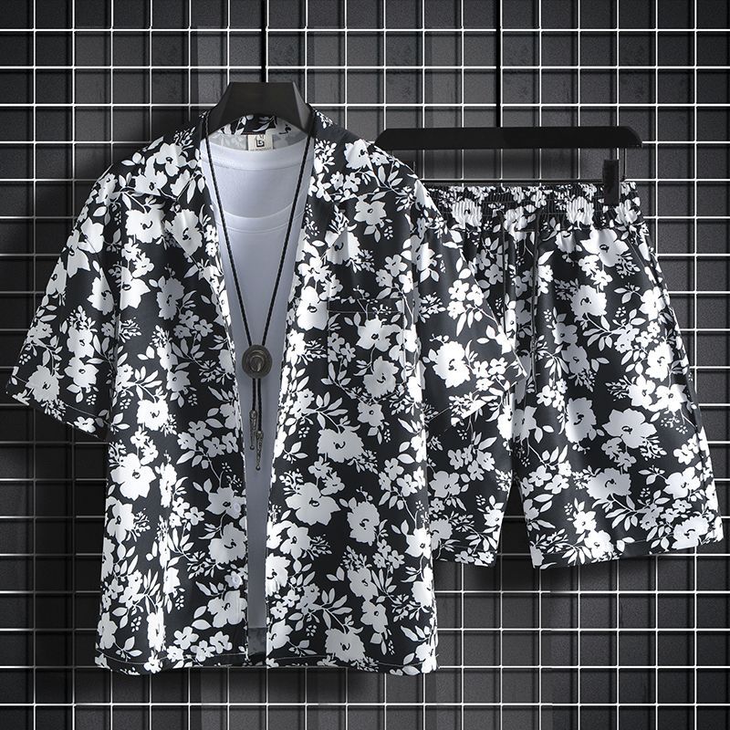 冰絲短褲一整套男夏季薄款寬鬆短袖碎花襯衫夏威夷情侶沙灘服套裝