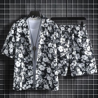 冰絲短褲一整套男夏季薄款寬鬆短袖碎花襯衫夏威夷情侶沙灘服套裝