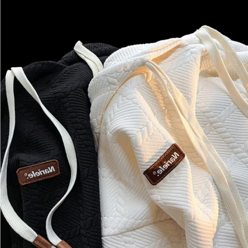 時尚素色帽衫方格雙帽繩重磅長袖連帽T