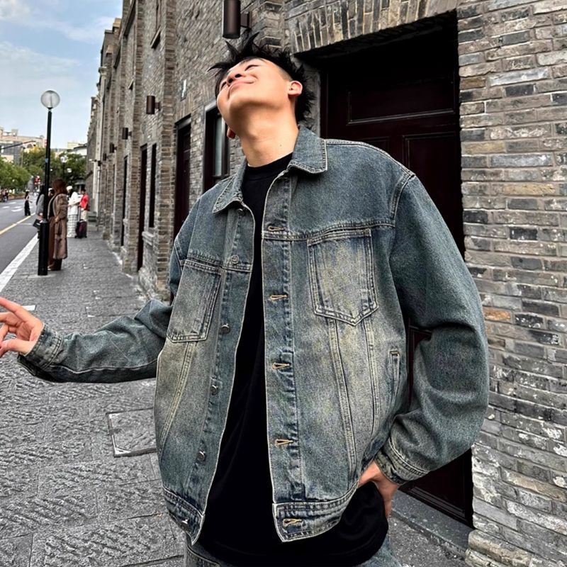 @美式復古水洗寬鬆帥氣工裝痞帥牛仔外套