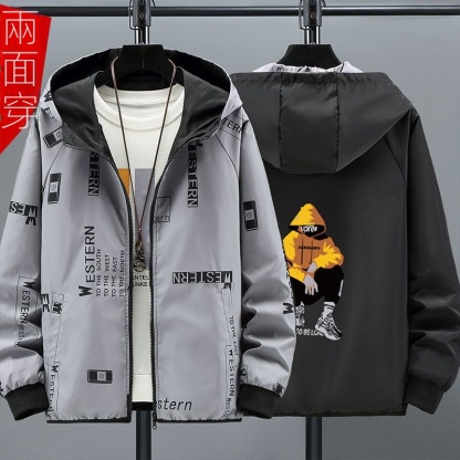 時尚潮流寬松連帽兩面穿衝鋒衣夾克外套-NitSoon