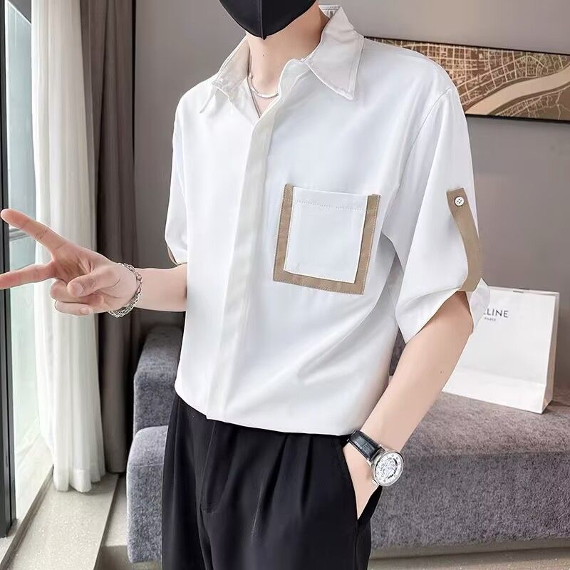 高級感時尚潮流痞帥拼接撞色短袖襯衫