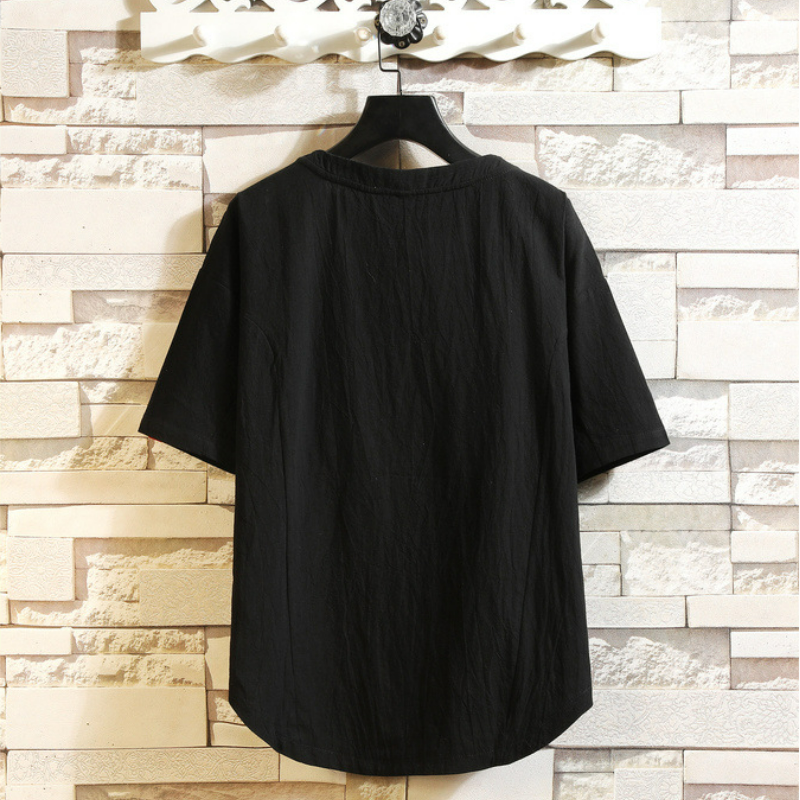 日系棉麻寬鬆純色貼布裝飾短袖T恤