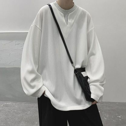 垂墜感潮流休閒假兩件港風日系長袖T恤