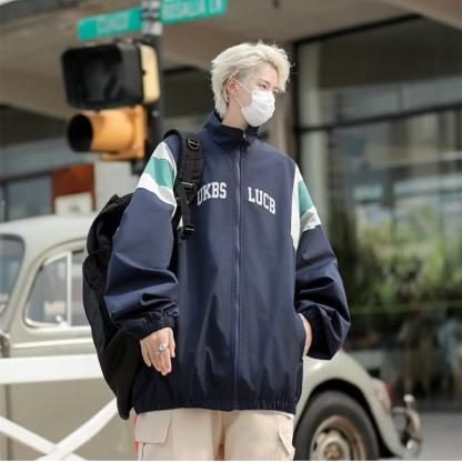 痞帥薄款嘻哈百搭拼接立領夾克外套